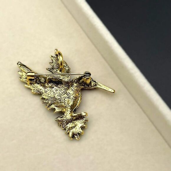 Yellow Gold with Fuchsia and Aquamarine Blue Crystal Hummingbird Pin Back Brooch - Picture 6 of 7